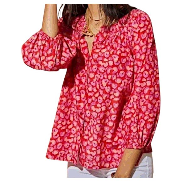 Tucker Silk Blend Coral Hugs & Kisses Smocked Boho Print Blouse L Designer - Picture 2 of 8